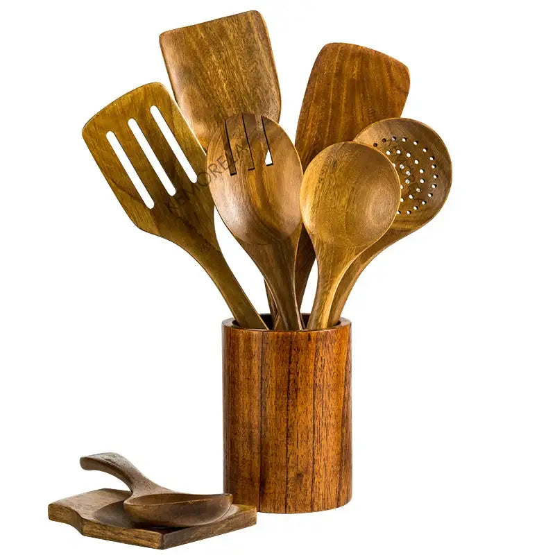 DecorBites™ 9-piece wooden cooking utensils set with teak kitchen tools and matching cylindrical holder in warm brown tones