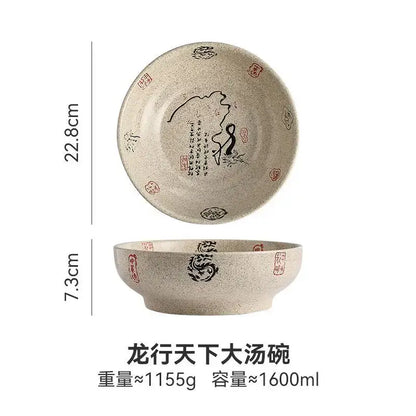 Beige speckled retro ceramic ramen noodle bowl with black and red chinese dragon motifs and calligraphy for soup