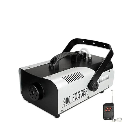 Black and silver DecorBites 900W fogger with handle, control knob, and ventilation slits featuring wireless remote control