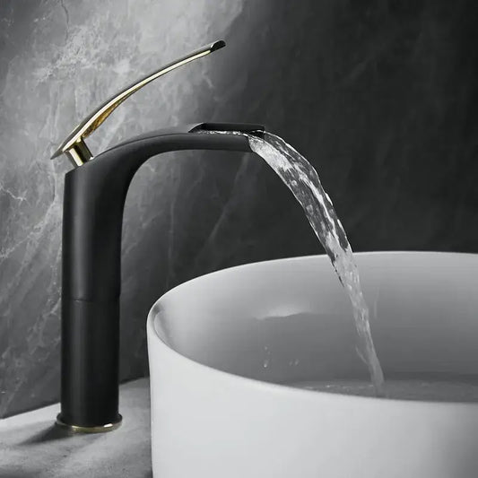 Black matte faucet with sleek design and gold accents shown alongside stainless steel gold dustbin DecorBites™ 9L