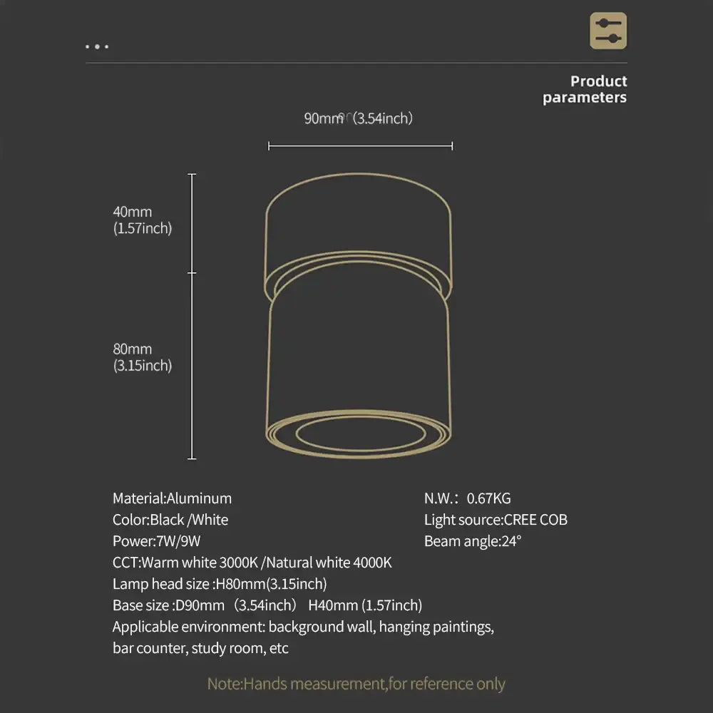 Decorbites 9w cob led ceiling spotlight in black and white aluminum with 360° rotation modern surface mounted design