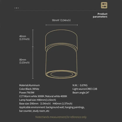 Decorbites 9w cob led ceiling spotlight in black and white aluminum with 360° rotation modern surface mounted design