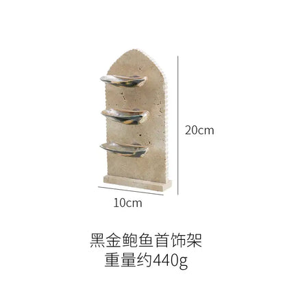 Beige stone decorbites abalone shell jewelry organizer with three black gold metallic shelves for rings earrings bracelets