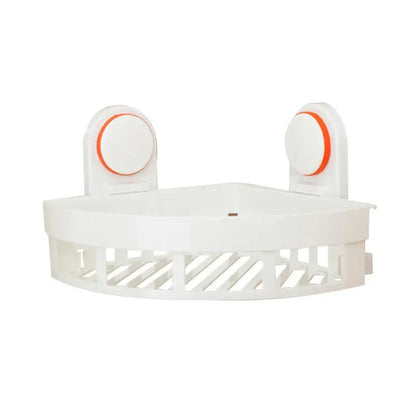 White plastic decorbites abs bathroom shelf with orange suction cup mounts and slatted base for corner mounting