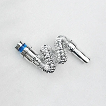 Silver metallic flexible hose connector with blue rubber seal and threaded ends for decorbites abs kitchen sewer pipe