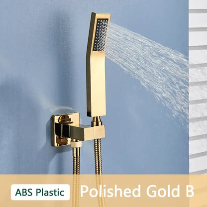 Polished gold abs plastic hand shower with sleek rectangular design and black spray grid by decorbites abs plastic