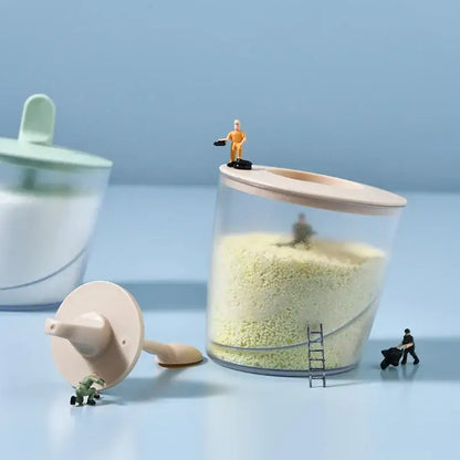Clear plastic decorbites abs spice jar set with beige lid and matching scoop featuring miniature figurines display