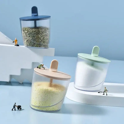 DecorBites abs spice jar set with transparent plastic jars and colorful blue beige and mint green lids for versatile use