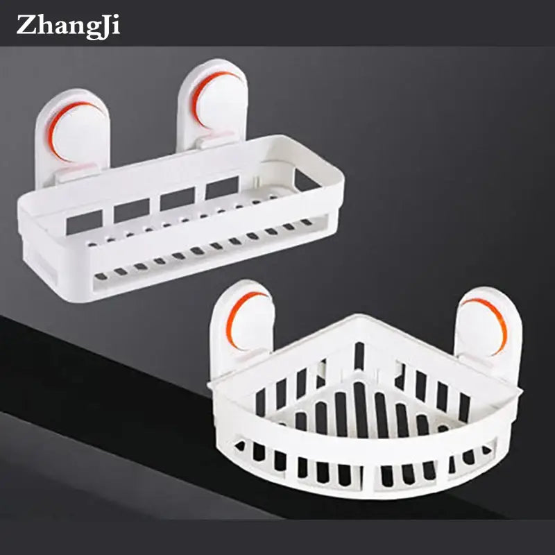 White plastic bathroom shelf with orange suction cup mounts and slatted design for ventilation by DecorBites ABS suction