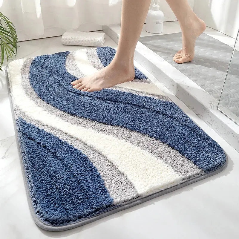 Blue gray and white striped plush bathroom mat with soft textured surface decorbites absorbent water bathroom mat