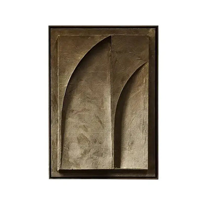 Bronze-colored abstract 3d geometry canvas prints featuring textured curved panels framed in dark wood for modern wall decor
