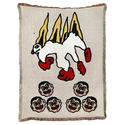 Beige woven decorbites abstract aesthetic tapestry sofa blanket featuring a stylized creature with colorful spines and smiling faces