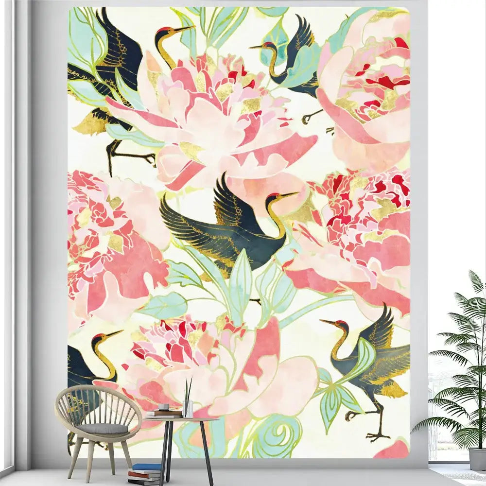 Decorbites abstract animal tapestry wall hanging with pink peonies and black-yellow cranes on cream background for home décor