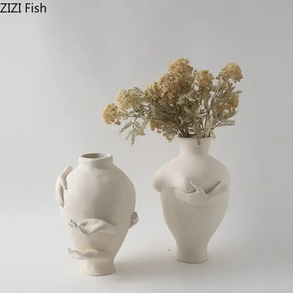 Decorbites abstract art white ceramic vases shaped like human figures with sculpted arms for desk decoration