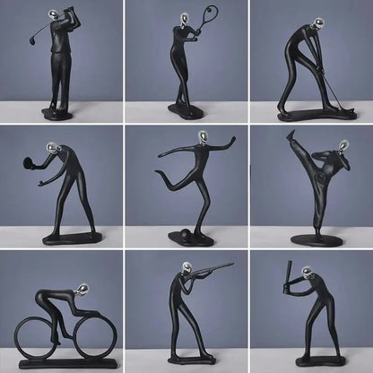 Black glossy decorbites abstract athlete statue sculpture with silver reflective head depicting athletic poses for decor