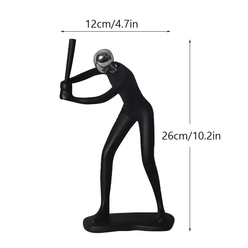 Black resin decorbites abstract athlete statue with shiny silver helmet and bat mid-swing for home office decor