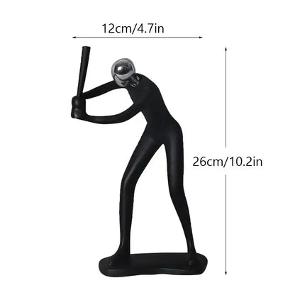 Black resin decorbites abstract athlete statue with shiny silver helmet and bat mid-swing for home office decor