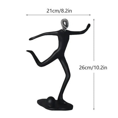 Black abstract athlete statue sculpture with metallic silver head in dynamic dance pose for home office decor by decorbites