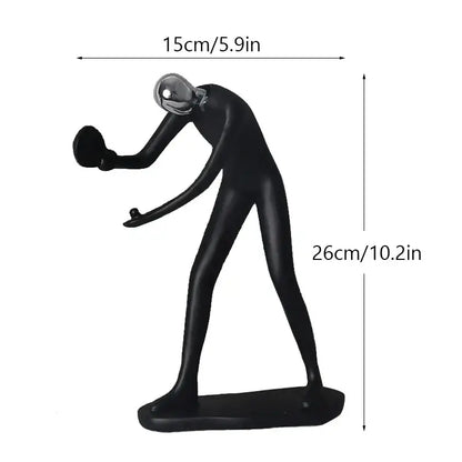 Black resin decorbites abstract athlete statue of a stylized table tennis player with metallic silver head and paddle
