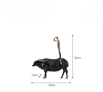 Bronze decorbites abstract black metal figurine of man saluting riding black yak golden buffalo sculpture decor item