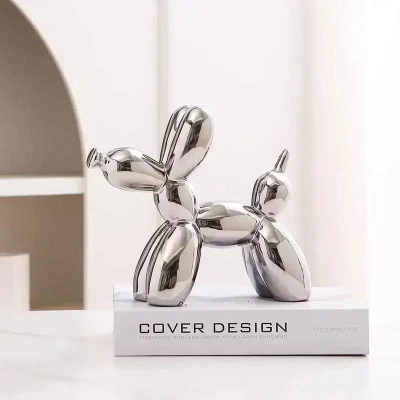 Shiny silver balloon dog decorbites abstract ceramic sculpture with reflective surface for home office decor