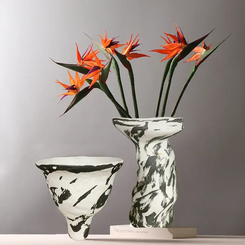 Decorbites abstract clay colorful ceramic clay pot with white base and bold black brushstroke for home decor