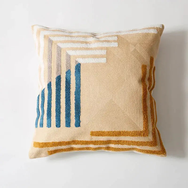 Beige square pillow cover with blue mustard yellow and white geometric embroidery decorbites abstract embroidered pillow