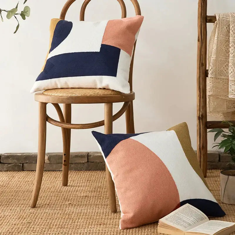 Cozy decorbites abstract embroidered pillow cover 45x45cm with navy blue white and soft peach geometric pattern