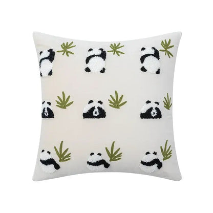 White soft velvet cushion cover with decorbites abstract embroidery of black and white pandas and green bamboo stalks