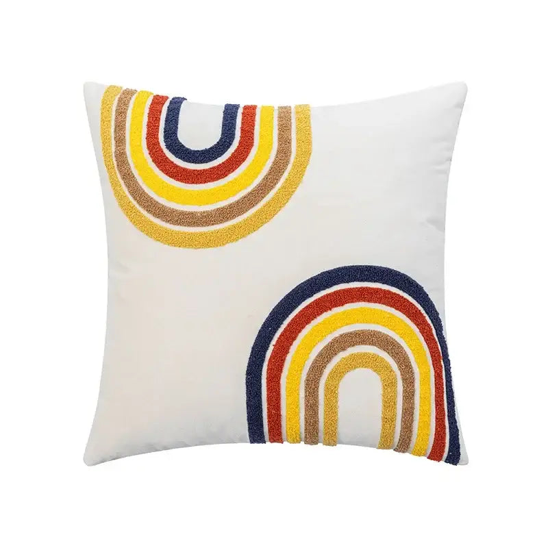 White cushion cover with colorful yellow red blue brown abstract embroidery by decorbites soft velvet for sofa home