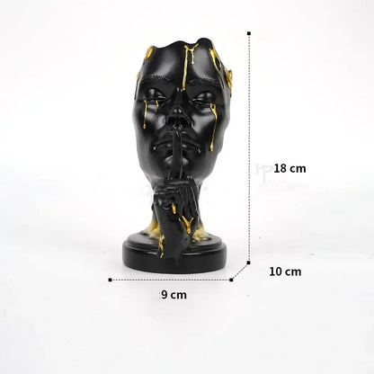 Black resin decorbites abstract face mask with gold drips and shh hand gesture home decor figurine