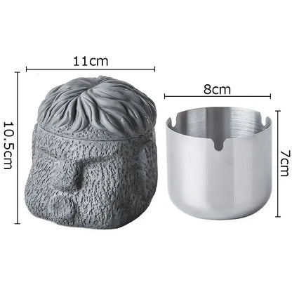DecorBites™ gray figure portraits cement ashtray shaped as bearded man head with metallic silver base for smoking accessories