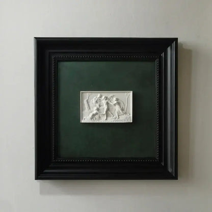 White decorative painting featuring decorbites abstract figure relief sculpture in a black framed wall decoration