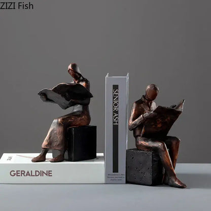 Bronze decorbites abstract figure sculpture bookend with seated figures reading newspapers resin desk decoration