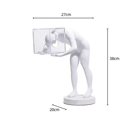 White resin DecorBites™ abstract figure sculpture bent over holding transparent cube cage human body mind decor