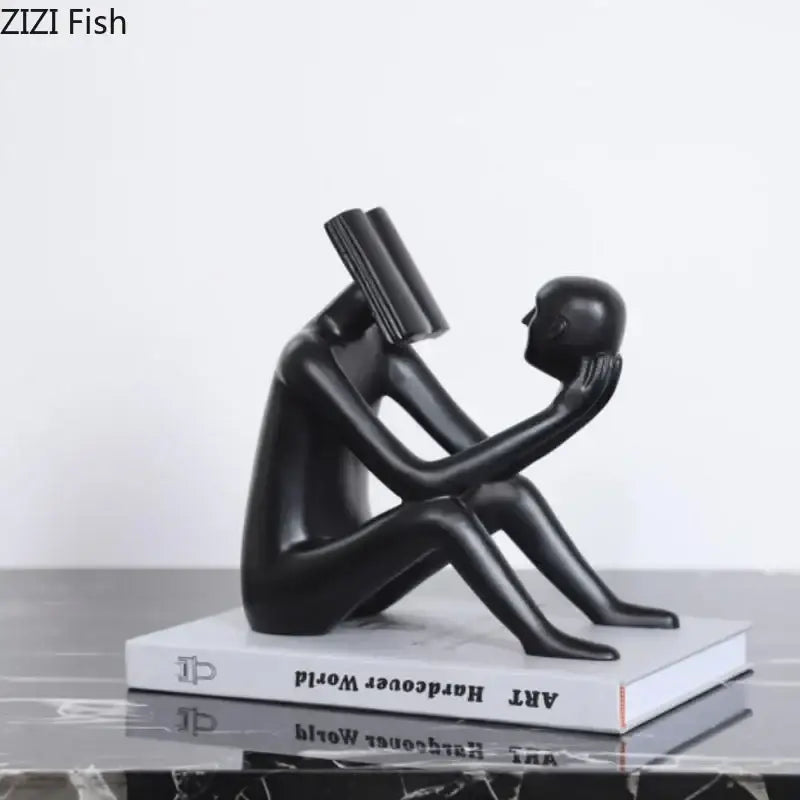 Black glossy resin decorbites abstract figure sculpture of seated figure with book head and book to face for room decor