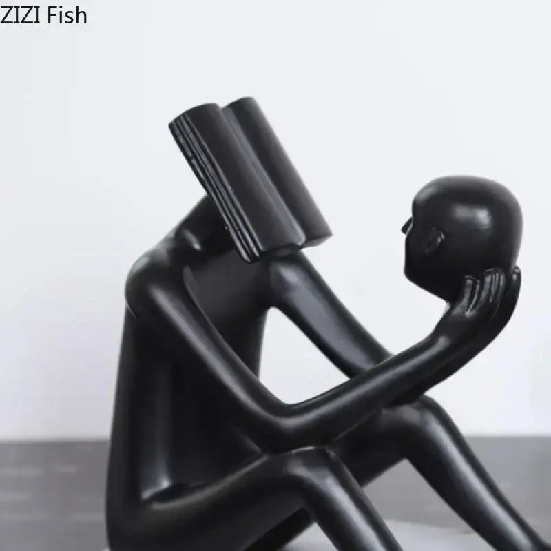 Black glossy resin decorbites abstract figure sculpture featuring two human-like figures for creative room decor