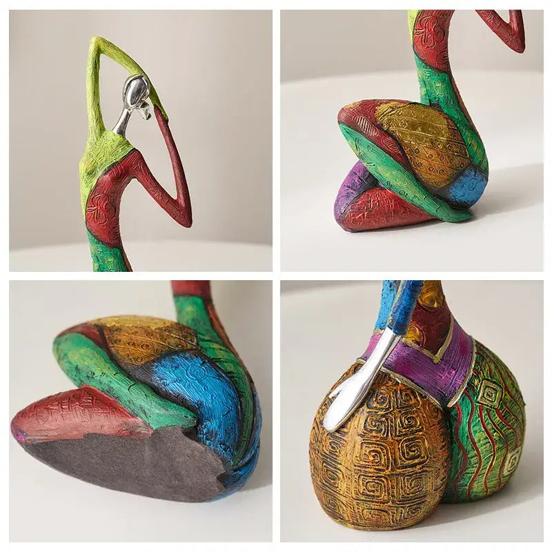 Vibrant multi-colored ceramic decorbites abstract woman sculpture with intricate patterns and metallic accents for living room decor