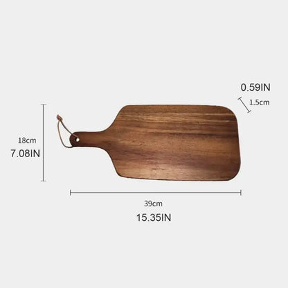 A sleek dark brown acacia wooden chopping block with smooth finish and rounded edges for versatile kitchen use