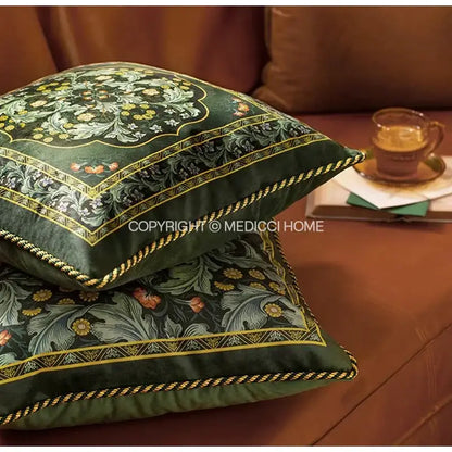 Decorbites™ acanthus scroll leaves velvet accent pillow case in deep emerald green with gold floral embroidery and braided trim