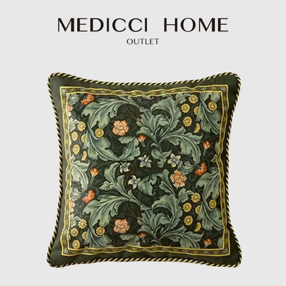 Decorbites acanthus scroll leaves velvet accent pillow case with intricate green orange floral pattern and gold braided edge