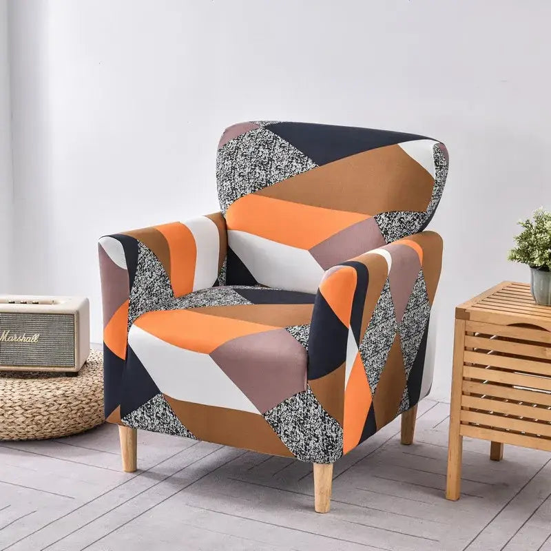 Decorbites accent chair cover slipcovers featuring a vibrant orange white black and gray geometric pattern fabric