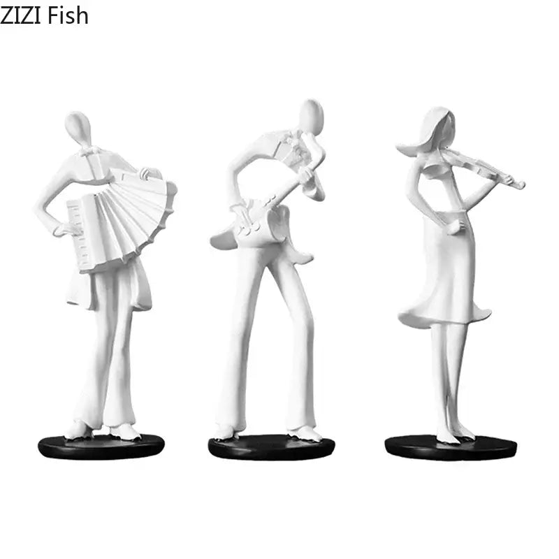 Set of three white accordion musician resin sculptures on black bases for aesthetic room decor by DecorBites