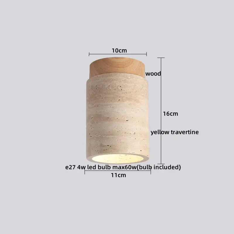 Cylindrical decorbites™ acryl travertine led ceiling light with natural wood top and yellow travertine body integrated led bulb
