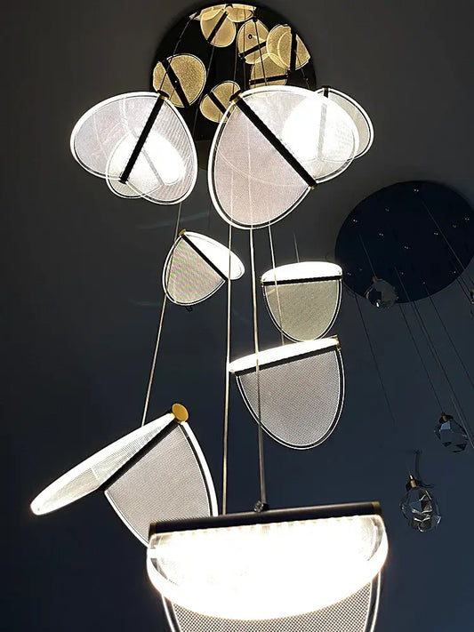Modern metallic acrylic blade stair chandelier with illuminated semi-circular shades and black rods for cafe and villa ambiance
