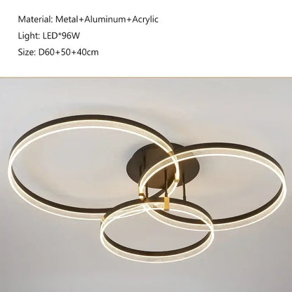 Modern minimalist DecorBites acrylic ceiling chandelier with interlocking metal rings and aluminum accents for living room