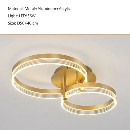 Modern gold-toned acrylic ceiling chandelier with two interlocking led rings for living room and kitchen decoration