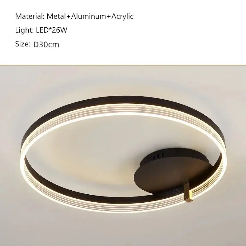 Modern black acrylic ceiling chandelier with concentric led rings and sleek metal base for living room and kitchen decor