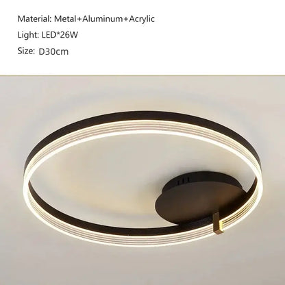 Modern black acrylic ceiling chandelier with concentric led rings and sleek metal base for living room and kitchen decor