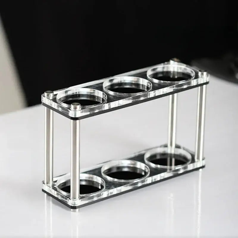Clear acrylic wine glass holder with silver metal frame and six slots for decorbites acrylic coffee bar utensil rack powder press